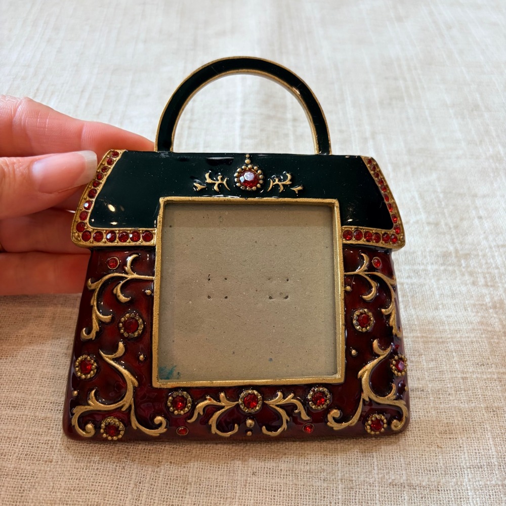 Vintage Style Handbag Mini Photo Frame Burgundy Red Enamel Rhinestone Purse 4in